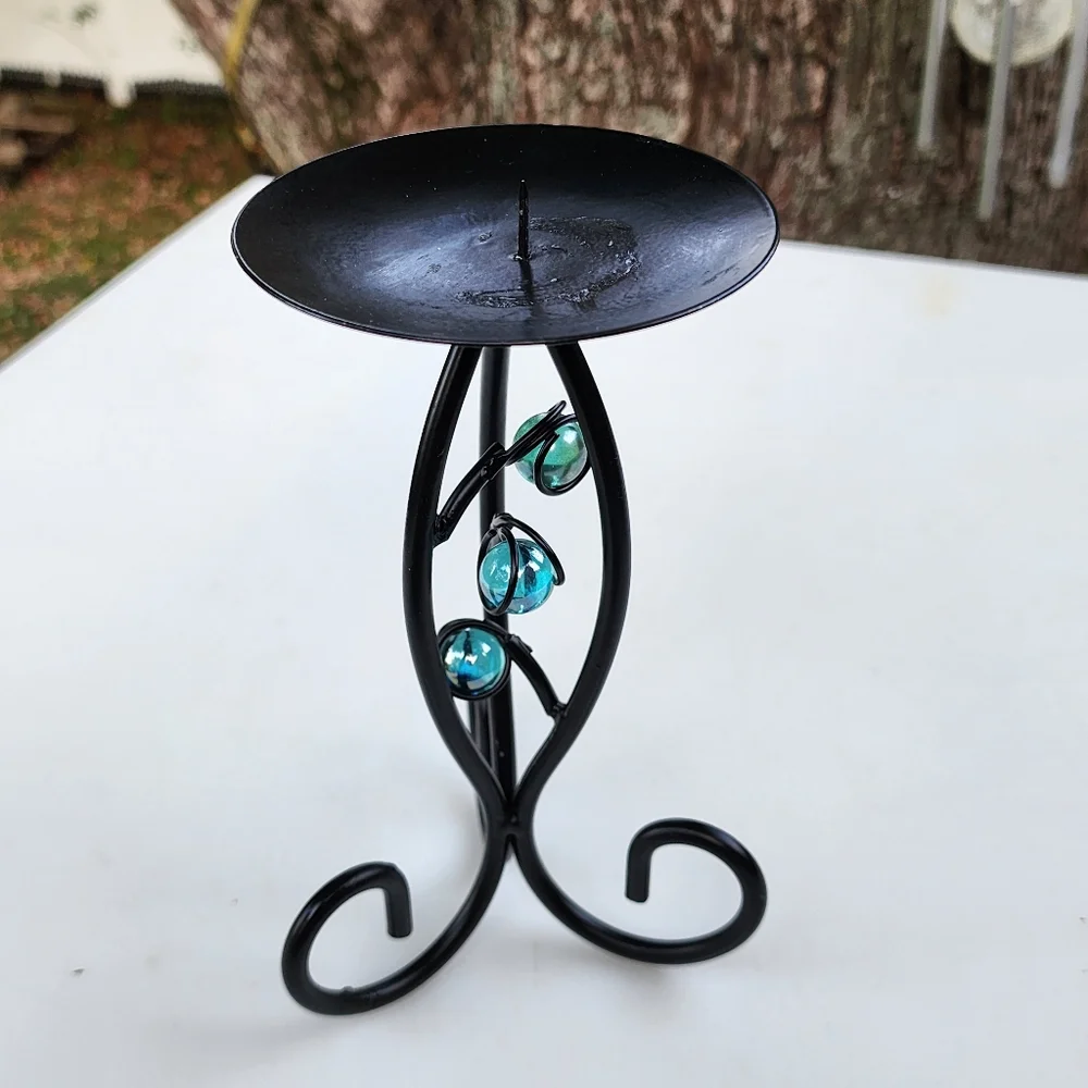 Pillar Wrought Iron Candle Holder‎ With Blue Crystals